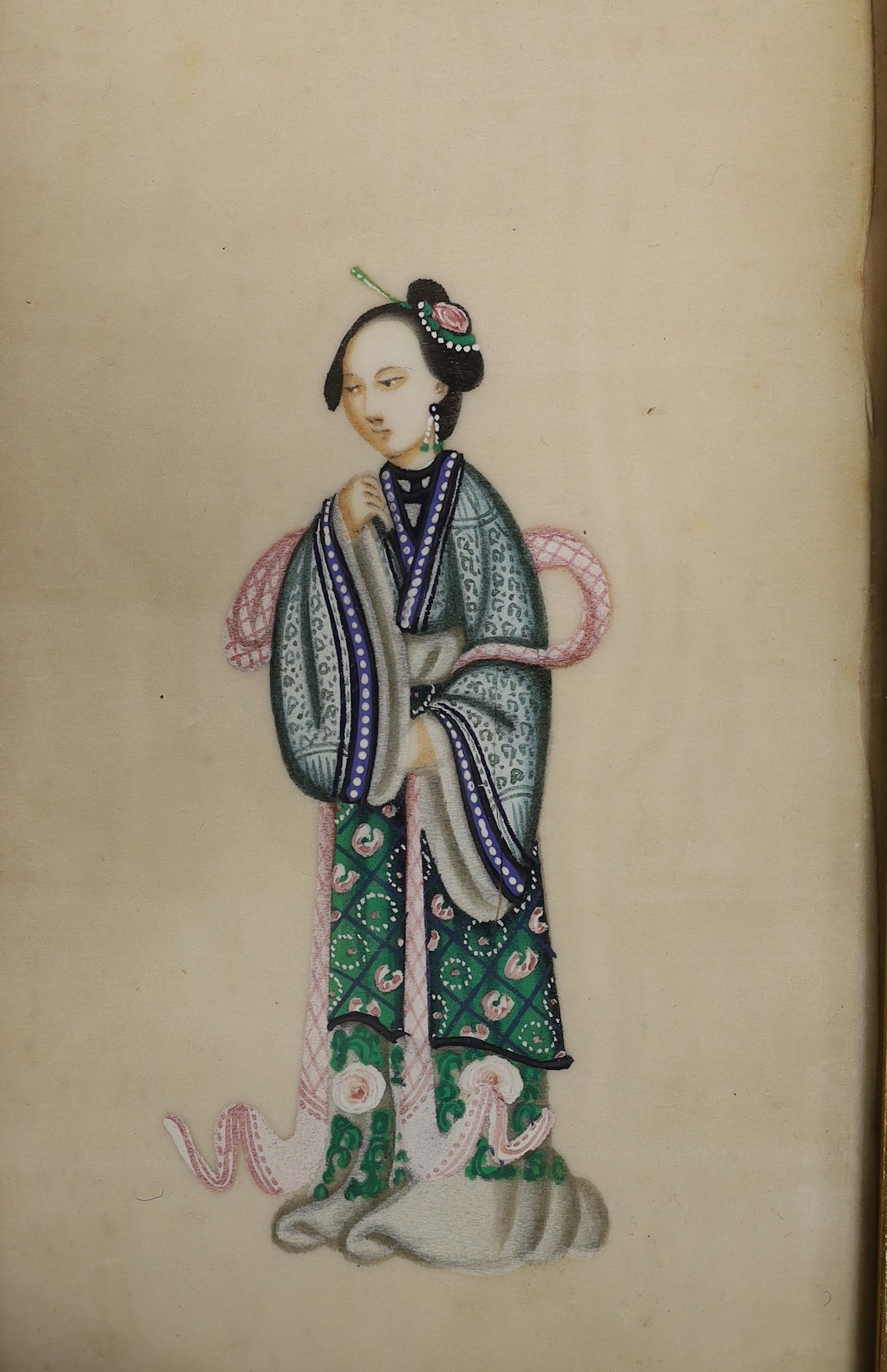 19th century Chinese School, pair of gouaches on pith paper, Studies of courtiers, 15 x 7cm and four similar studies